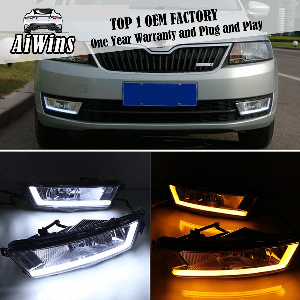 Aiwins Waterproof Car DRL LED Daytime Running Light Fog with turn signal yellow For Skoda Rapid 2013 2014 2015 | Автомобили и