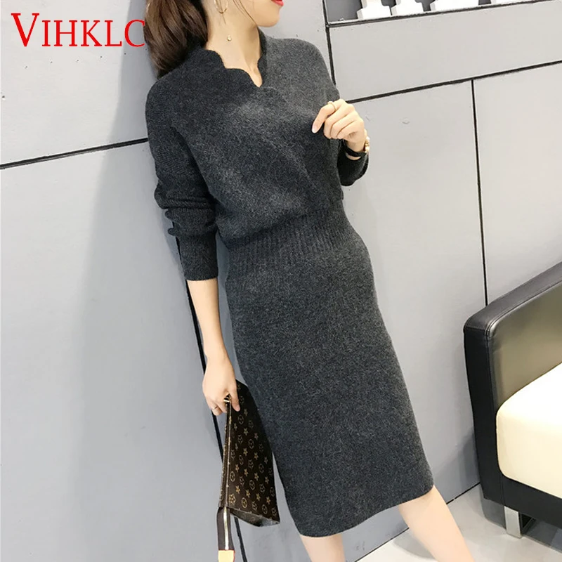 

Sexy Cross V-Neck Knitted Sweater Dress 2019 Winter Women Long Sleeve Split Thicken Slim Fit Cashmere Robe Femme Dress C527