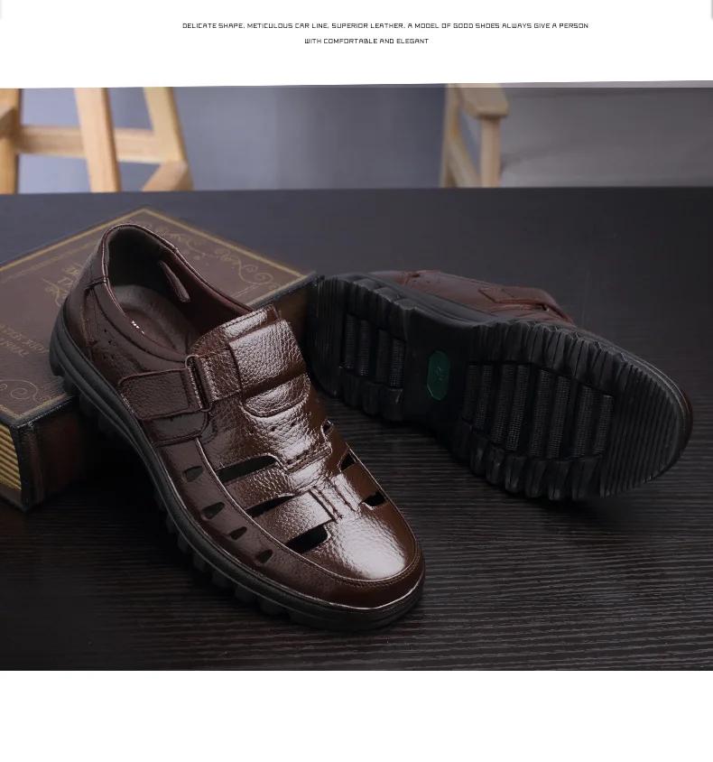Модный Для мужчин s кожаные сандалии лето на застежке-липучке с вырезами черная обувь для Для мужчин швейная Массажная обувь для вождения, Мужская Zuecos Hombre