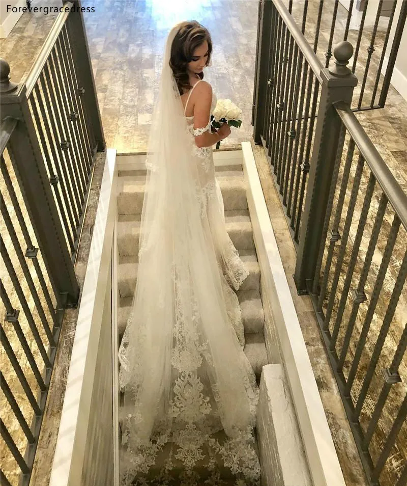 2019 Gorgeous Lace Wedding Dresses Spaghetti Straps Appliques Long Train Summer Boho Bridal Gowns Custom Made with Veil  208 (4)