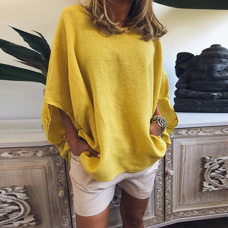 

UIDEAZONE Breathable Loose Top Solid V-neck Casual Loose Women Summer T-shirt Wide Long Bat Sleeve t-shirt Female