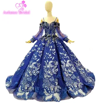 

AOLANES 2018 New Blue Lace Appliques Court Train Evening Dresses Ball Gown Long SLeeves Floor-length Illusion Party Prom Dress