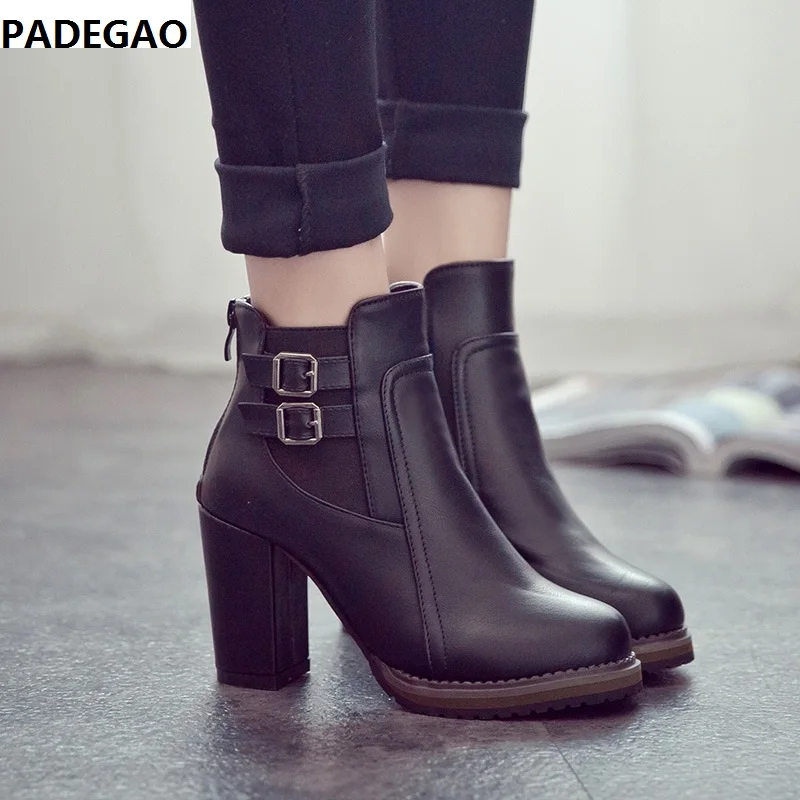 

New Europe and the United Kingdom British retro thick belt buckle boots Korean high-heeled elastic women's booties