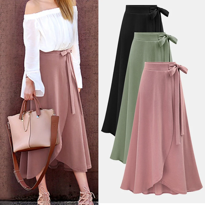 Стильная дизайнерская женская летняя однотонная длинная юбка с асимметричным разрезом, цветная намотка, Женская Повседневная облегающая