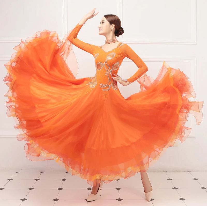 

Ballroom Competition Dance Dresses Women Long Sleeve Orange Waltz Dance Skirt Standard Ballroom Dancing Dress Adult