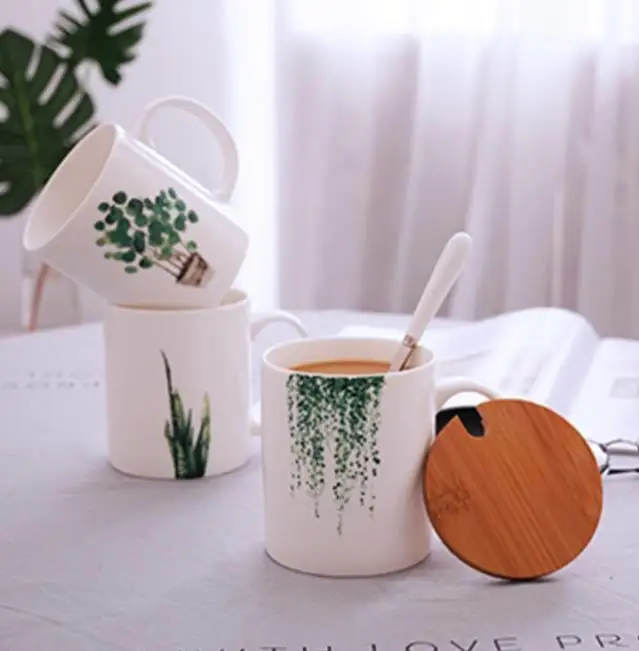 

Nordic Green Plant Ceramic Coffee Mugs with Bamboo Lid and Spoon Porcelain Office Tea Mugs Milk Cups Gifts Drinkware Accessories