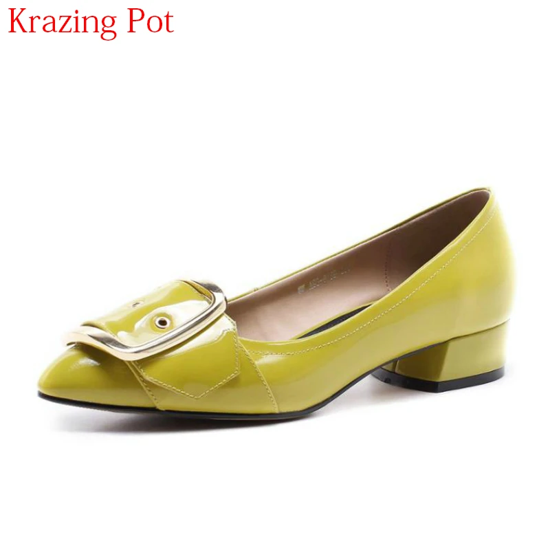 

2018 Genuine Leather Brand Spring Shoes Women Office Lady Pointed Toe Thick Heel Slip on Elegant Yellow Shallow Women Pumps L09