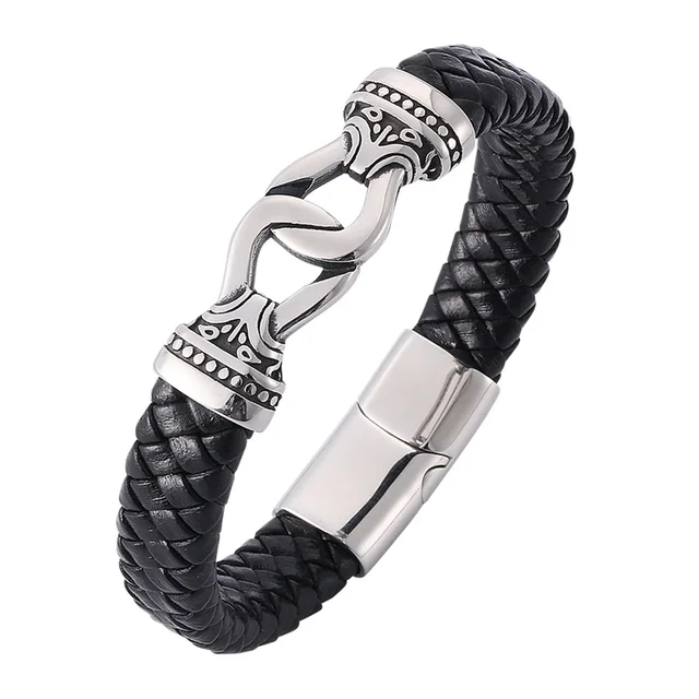 Punk Men Bracelet Braided Leather Bracelet Stainless Steel Buckle Vintage Bangles Rock Mens Trendy Jewelry Male Wrist Band PW806 Steel color buckle