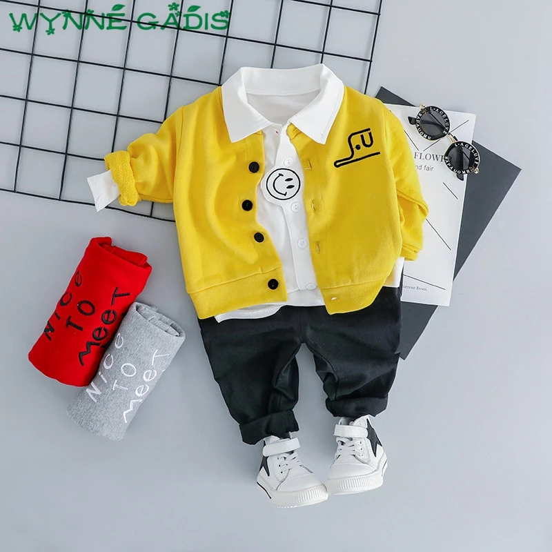 

Spring Baby Boys Cartoon Smiling Face Lapel Collar Shirt Tops + Casual Pants + Letter Cardigans 3Pcs Suits Kids Clothing Sets