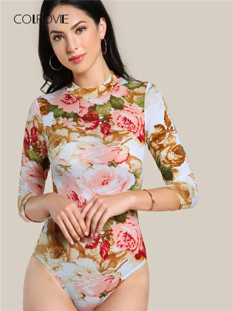 COLROVIE Floral Print Casual Bodysuit Mock Neck Women Elegant 3/4