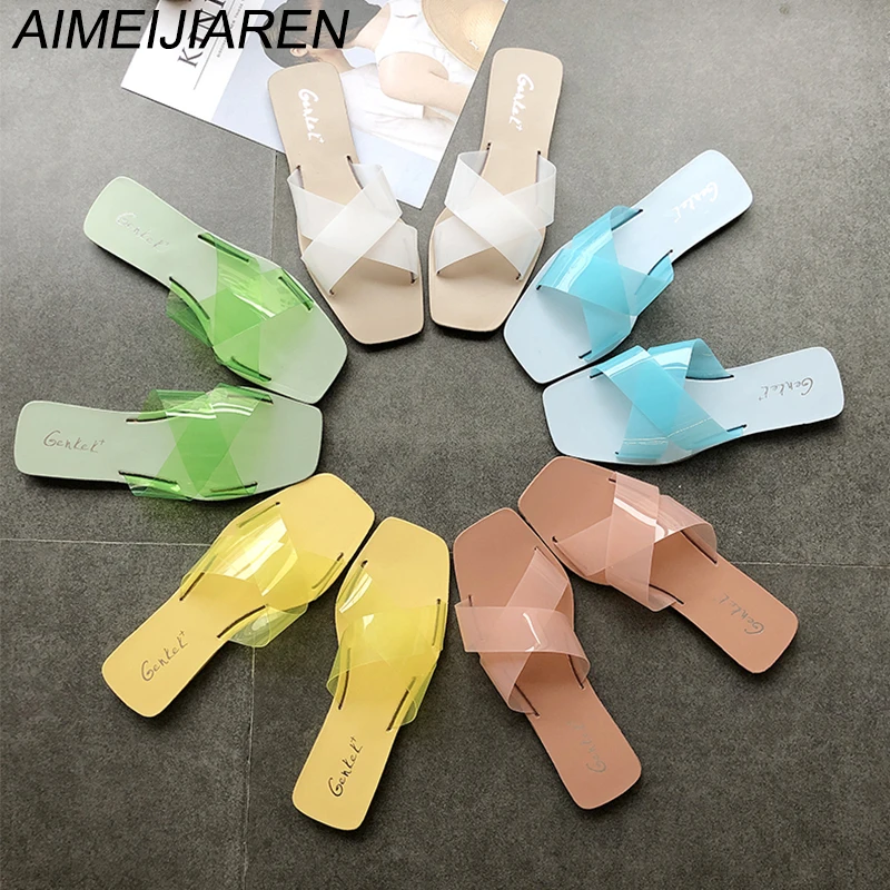 

Women Fashion Flat Heel Beach Slippers PVC Casual Summer Outside Shoes Female Flip Flops Peep Toe Candy Color Chaussures Femme