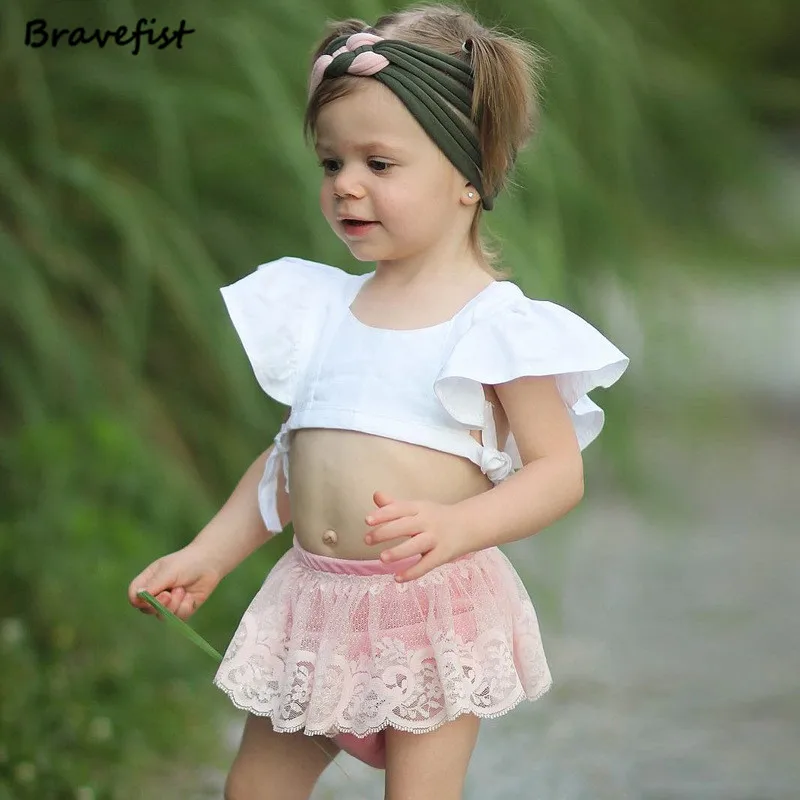 Ins Summer Baby Girls Clothes Set White Dew Belly Tops +Lace PP Shorts