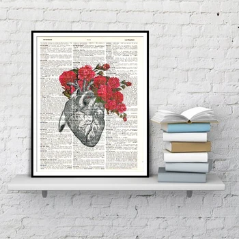 

Anatomical Heart And Flowers Flower Print Dictionary Art Posters And Prints Watercolor Home Decoration Canvas Painting