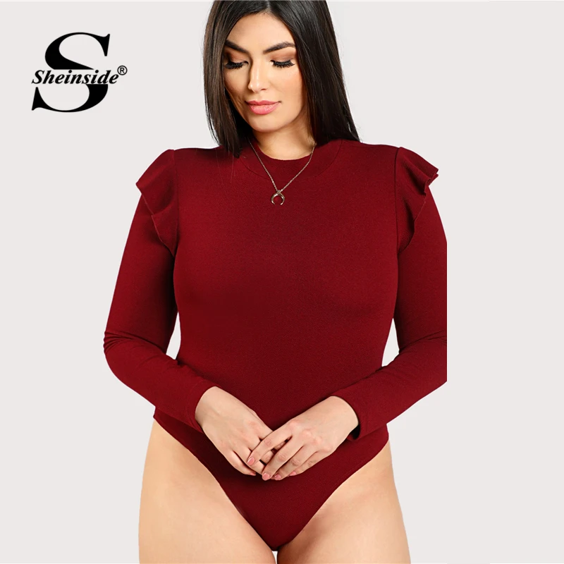 

Sheinside Plus Size Plain Burgundy Stand Collar Workwear Bodysuit Long Sleeve Ruffle Stretchy Women Elegant Autumn Bodysuits