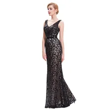 Kate Kasin Womens Summer Dress Double V Neck Black Mermaid Dress Wedding 2017 Luxury Sequin Women Formal Dress Robes Satin Gown