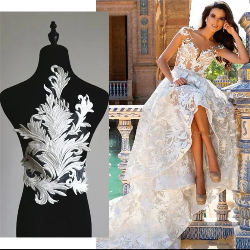

1pc Excellent Ivory Large Cording Embroidery Polyester Lace Applique decorative venice lace Patch Trim back applique 48X 39cm