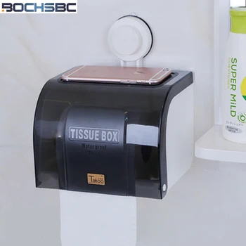 

BOCHSBC Toilet Paper Box Waterproof Plastic Tissue Box Sucker Toilet Paper Rack Brown Grey Wall Mount Accessories