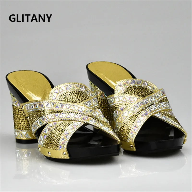 

Latest Gold Color Italian Lady Sexy High Heels Pumps Decorated with Rhinestones Italian Design African Sandals Shoes for Party