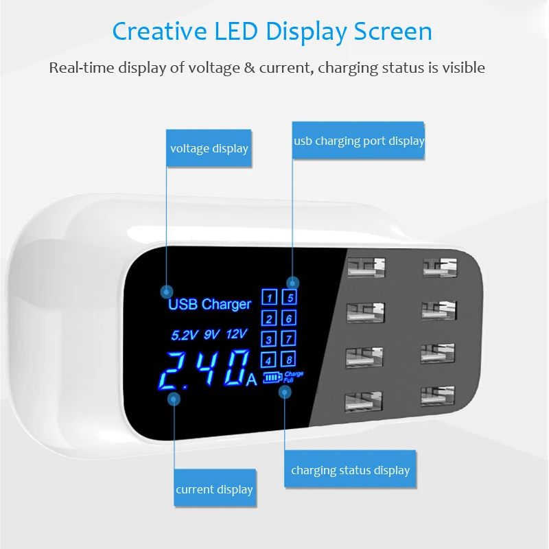 Universal 8-Port Smart USB Charger Station LED Display Mobile Phone Charger For Xiaomi iPhone Desktop Wall Charger Power Adapter