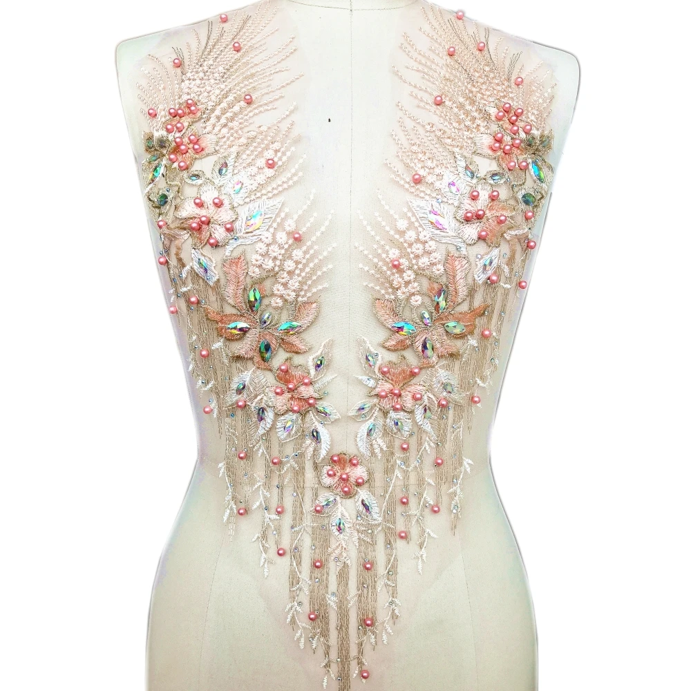 

High-end Beaded Rhinestones Embroidered Floral Pink Lace Neckline V-Neck Collar Trim Clothes Sewing Wedding Lace Applique Edge-A