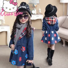 Autumn Spring Girls Denim Coats Middle Length Girl Top Cardigan Denim Hoodie For 4T to 12T
