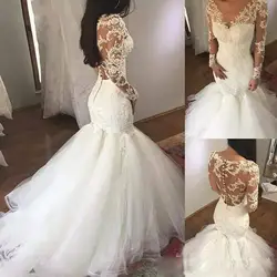 Vestido De Novia роскошный v-образный вырез Русалка свадебное платье 2019 с длинным рукавом свадебное платье украшенное бусами Кружева Иллюзия