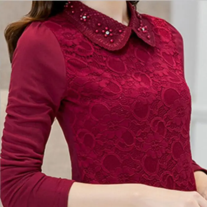 

winter women blouses Turn-down Collar Diamonds lace blouse shirt long sleeve blusa body tops blusas femininas woman clothes
