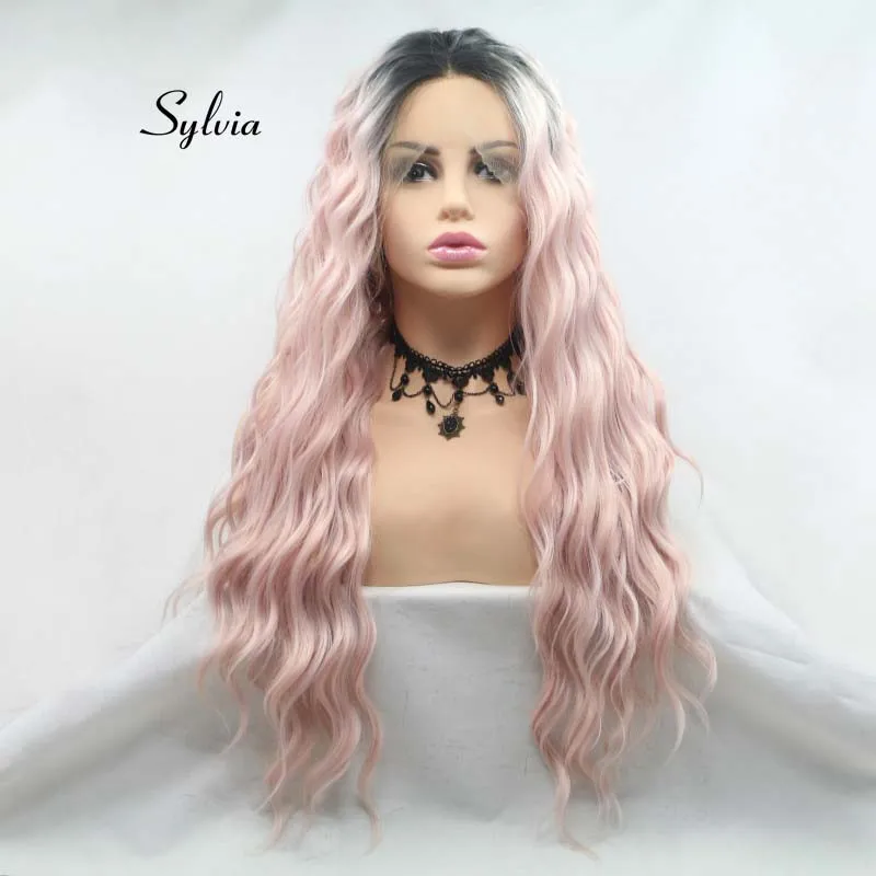 

Sylvia Ombre Long Loose Wave Wigs Synthetic Light Pink Lace Front Wigs For Women Hair With Black Roots Heat Resistant Fiber Wig