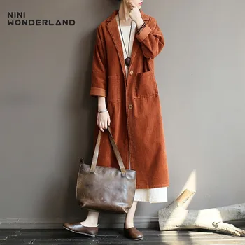 

NINI WONDERLAND Autumn Corduroy Trench Coat Women Solid Vintage Cardigan 2020 Spring Female Loose Long Coat Big Size Outerwear