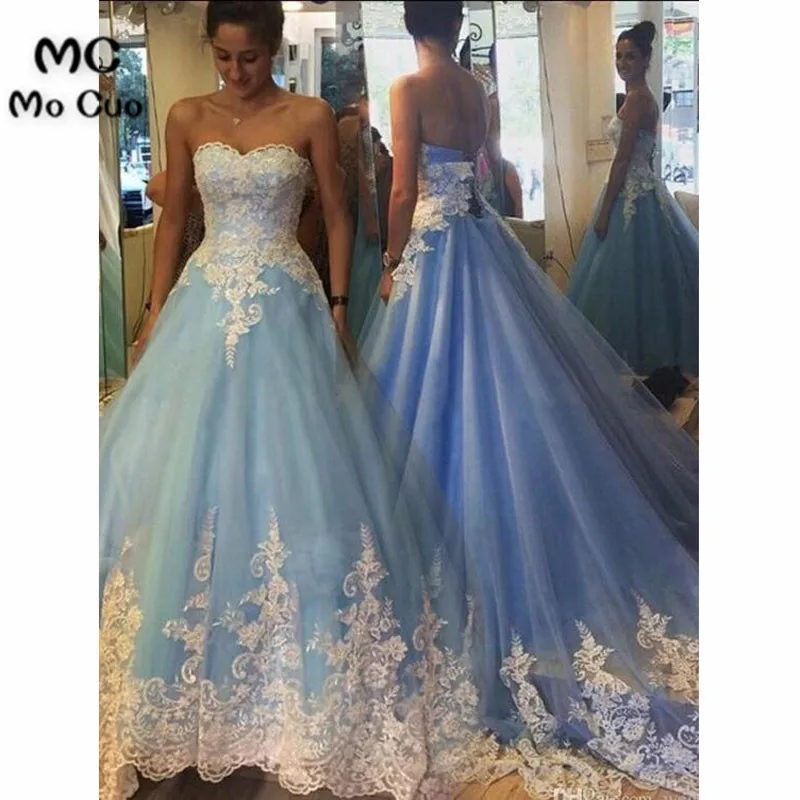 

Ball Gown 2018 Long Prom Dresses Sweetheart Appliques Lace Party Dress vestido Blue Tulle Prom Gown Customize