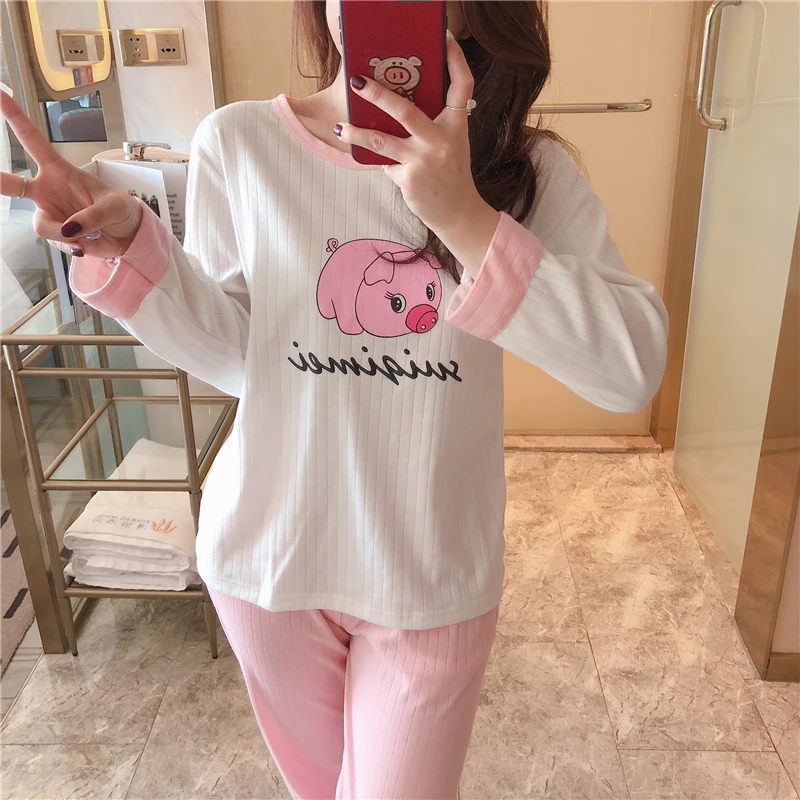 

2019 Spring Lovely Cartoon Women Pajamas Soft Cotton Pyjamas Sets Female Long Sleeve 2 Pcs Home Clothing Sleepwear Suit
