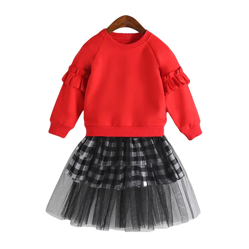 

Girls Dress Suits Christmas Autumn Vetement Round Neck Ruffles Long Sleeve Sweater Pullover Plaid Mesh Skirt 2pcs Clothes Sets