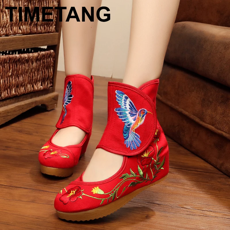 

TIMETANG Flower Bird Women Shoes Chinese Style Noble Mary Janes Inside Increased Embroidery 5cm Flats Soft Sole Cloth Shoes E285