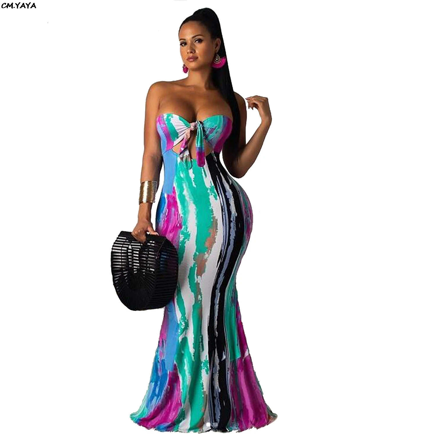 

2019 women tie dye print colorful tie up strapless cut up back mermaid maxi dress club party night long dresses vestidos GLLZ581