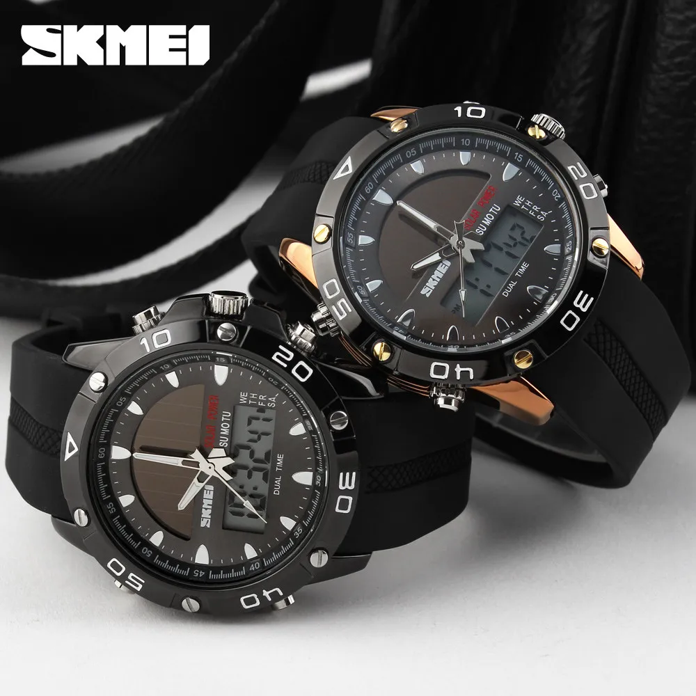 Watches Men Waterproof Solar Power Sports Casual Watch Man Men's Wristwatches 2 Time Zone Digital Quartz LED Clock Men
