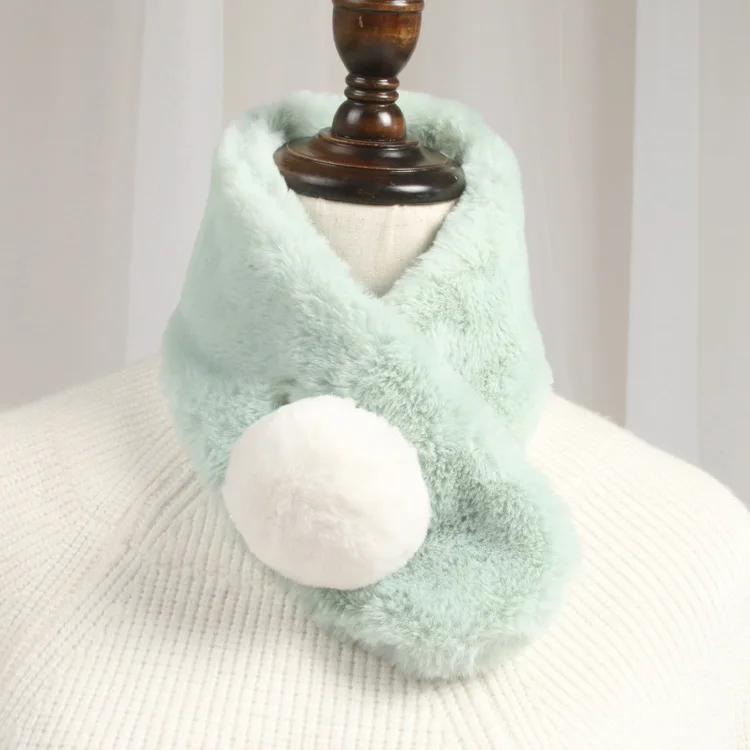 Зимний детский шарф-кольцо для мальчиков и девочек, шарфы с помпонами, детский шарф с воротником из искусственного кроличьего меха, милые удобные теплые шарфы для шеи - Цвет: Mint Green
