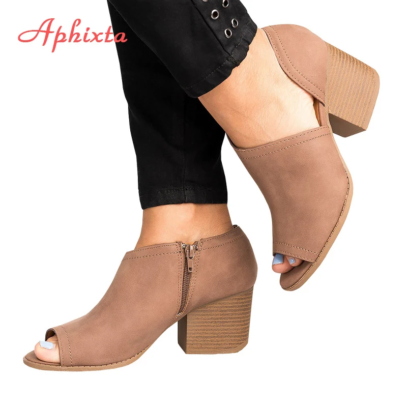 comprar Aphixta Verão Calçados Femininos Bombas Peep Toe Slip On Zip Faux Suede Side Cortes Chunky Bloco de Salto Baixo Tornozelo Botas Da Mulher Sandálias