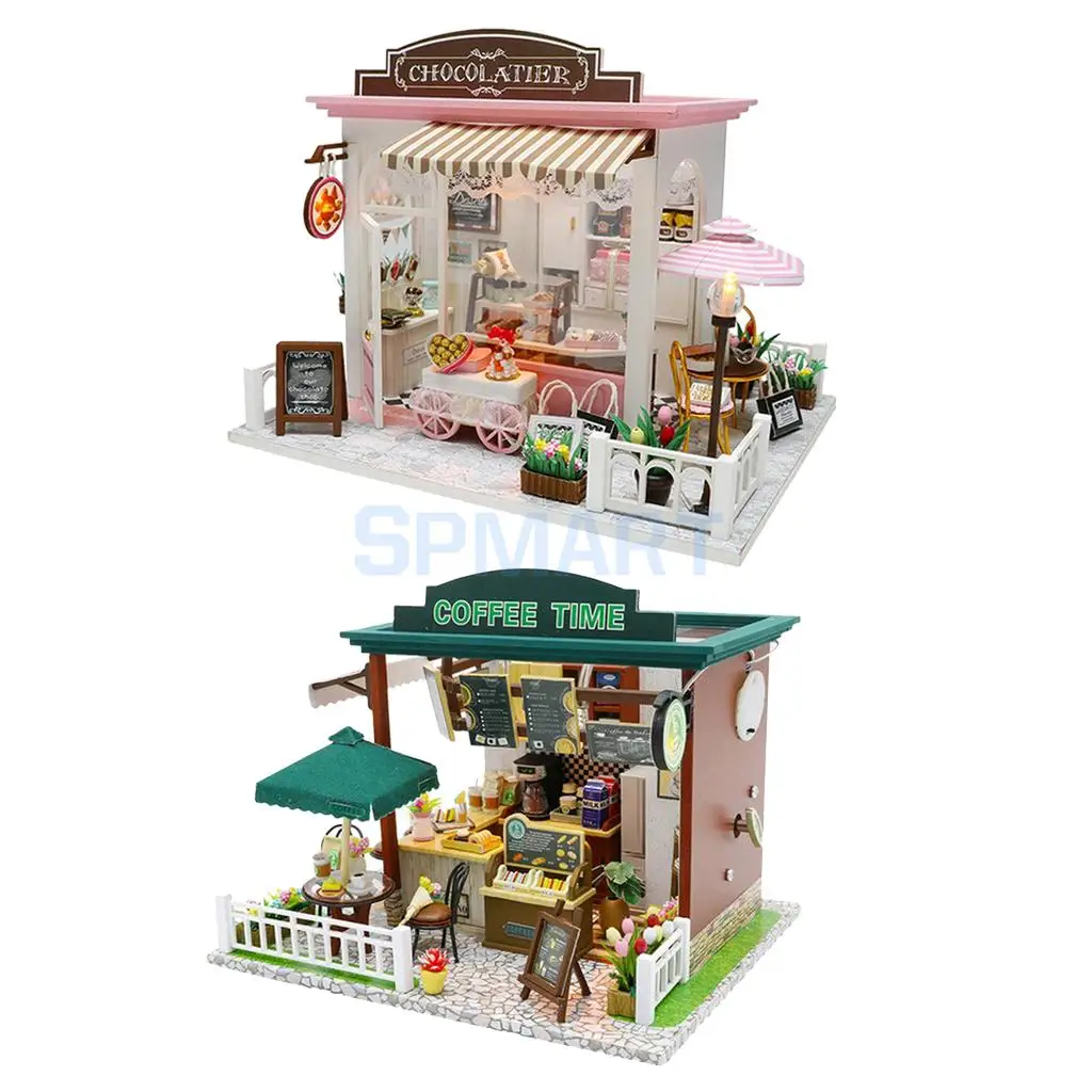 

2 Set DIY Dolls House Kit Wooden Dollhouse Miniature with Furniture LED Lights Dessert Time Shop House Wedding Xmas Gift