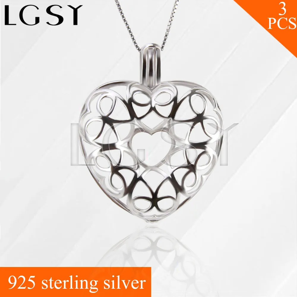 

Romantic heart shape LGSY 925 Sterling Silver Cage Pendants Necklace Pearls Charms 3pcs for party wearing