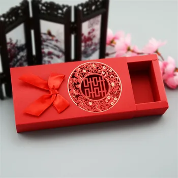 

Chinese Red Drawer Type Candy Box Hollow Double Happiness Chocolate Box Rectangular Wedding Gift Box WB289
