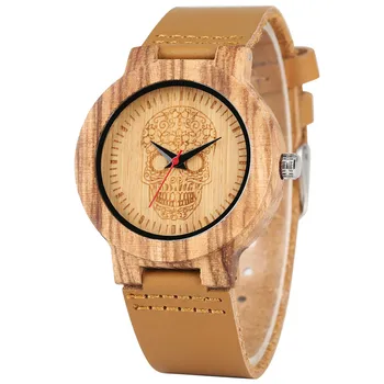

Punk Cool Wood Watch Men Quartz Clock Carving Flowers Skull Head Display Round Wooden Dial Genuine Leather Wristwatches reloj