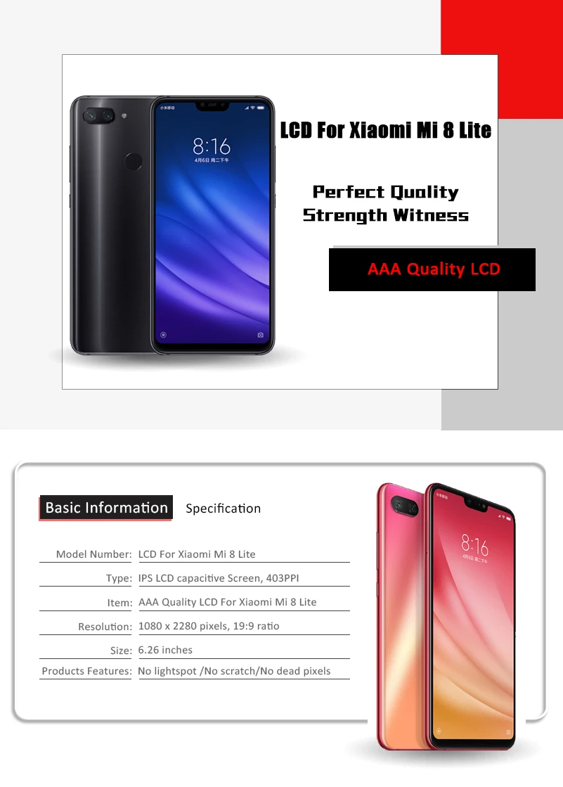 2280*1080 AAA качественный ЖК-дисплей для Xiaomi Mi 8 Lite ЖК-дисплей с рамкой для Xiaomi Mi 8 Lite Youth 8X ЖК-экран