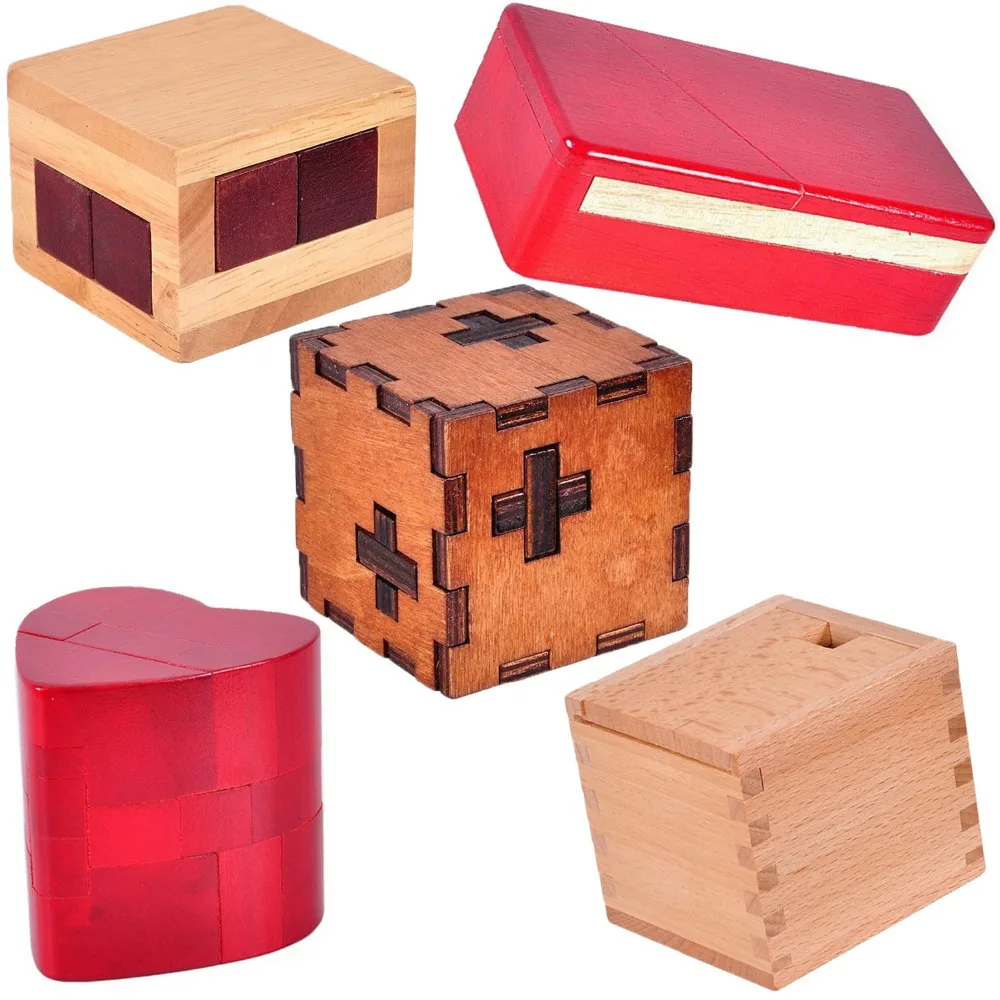 KINGOU 5 Pack Wooden Secret Lock Box, The Magic Box, Brain Teaser