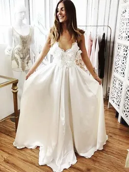 

Gorgeous A Line V Neck Backless Spaghetti Straps Ivory Satin Wedding Dresses with Applique