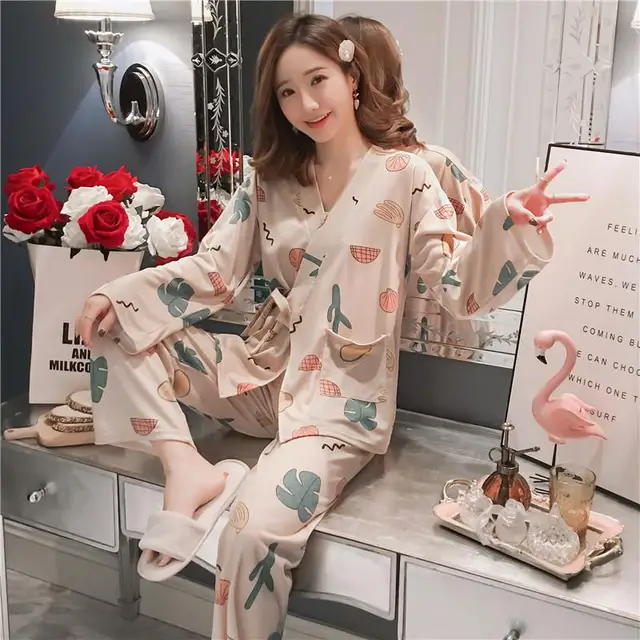 Sweet Women Spring Satin Pajamas Suit Japanese Style Ladies Home Wear ...