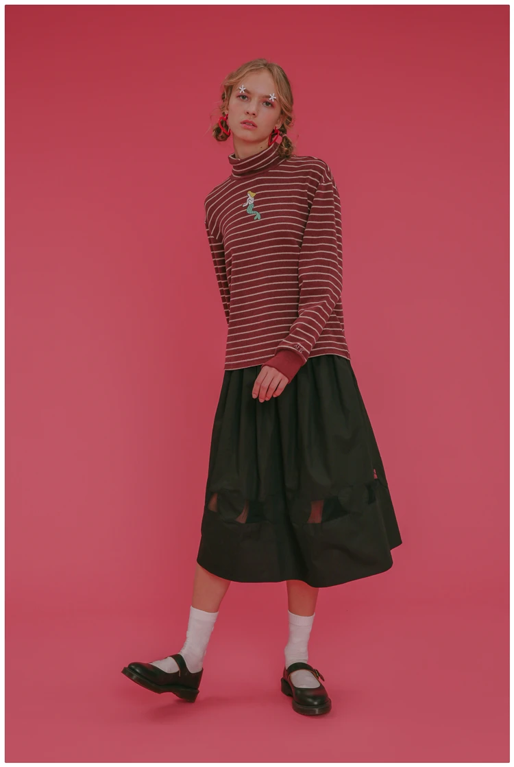 

New Spring Harajuku Korean Fashion Women's Long-sleeved Red Striped T-shirt Turleneck Text Embroidery High Quality Cotton 2017