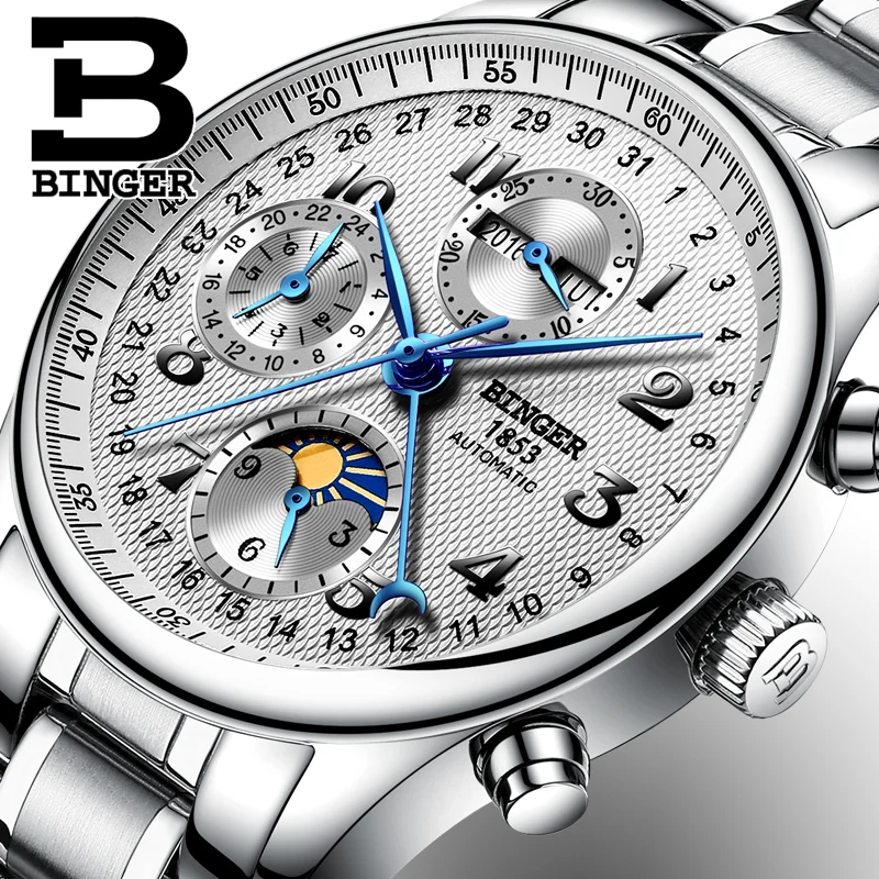 Новинка BINGER мужские часы люксовый бренд Moon Phase часы мужские сапфировые автоматические механические наручные часы водонепроницаемые часы B-603-8 1