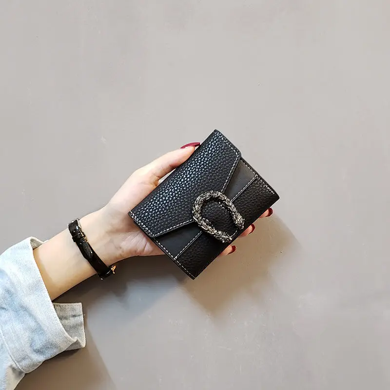 

2019new new wine red lychee pattern women's wallet female short section three fold small wallet female purse card bag wallet