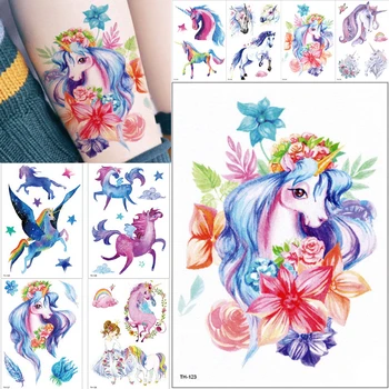 

1sheet Waterproof Temporary Tattoo Sticker cute Gradient horse pony unicorn Pegasus pattern Water Transfer Diy paint tattoo girl