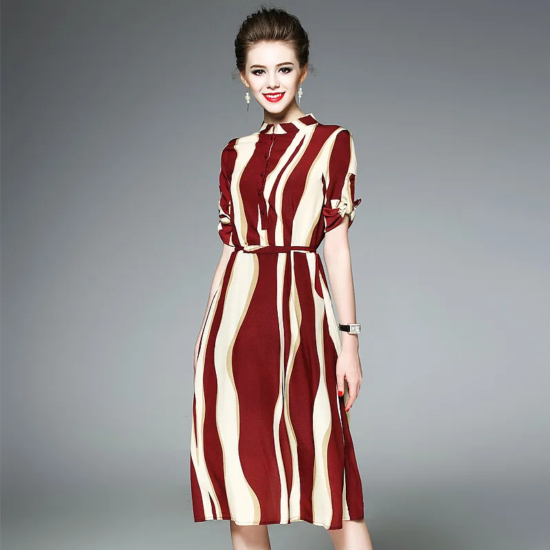 

2017 New Pattern Autumn dress Classic Stripe Stand Lead Seven Part Sleeve Slim attractively thin A-Line dress OL72129